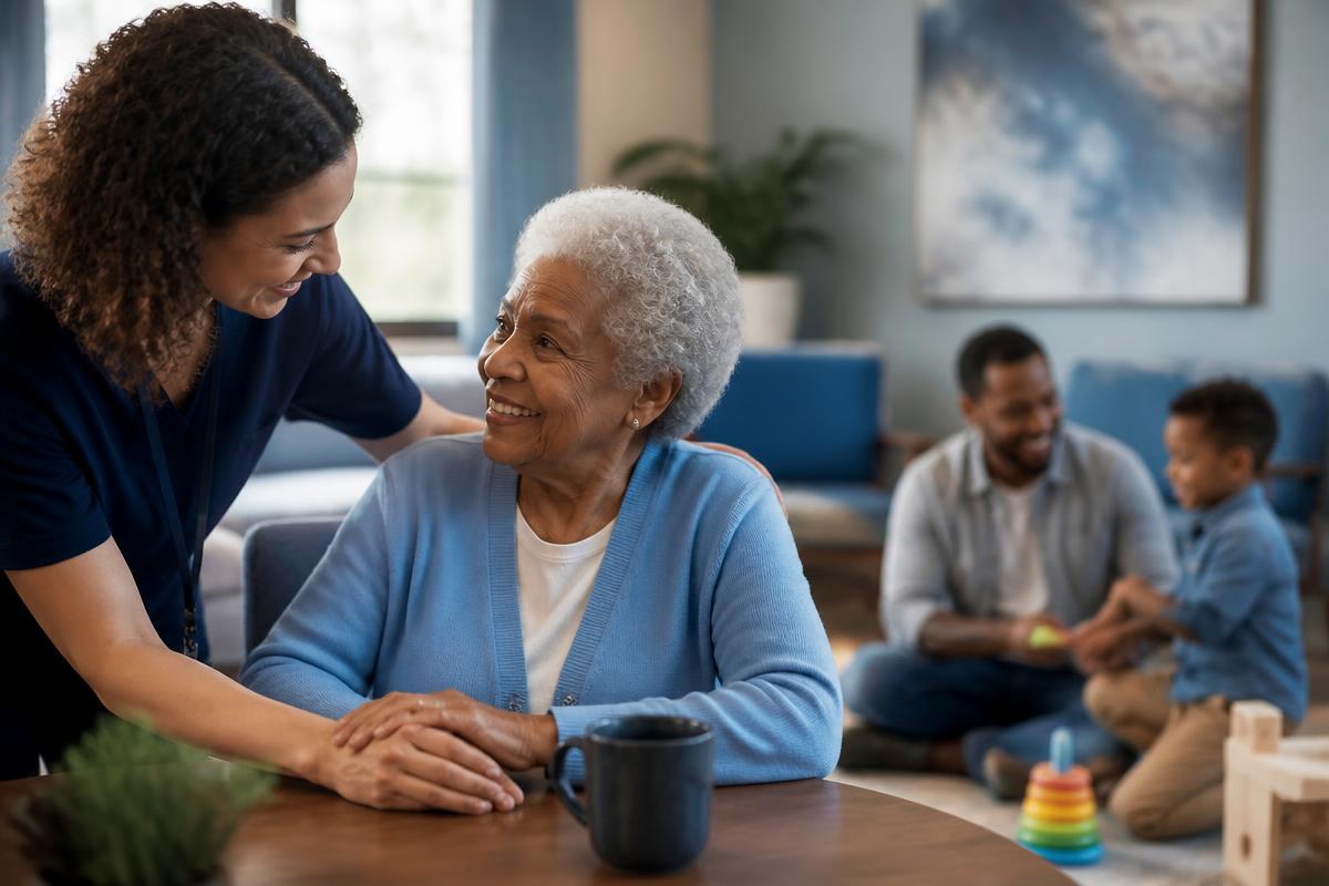 A companion care provider gently supporting a senior woman with a father and child in the background